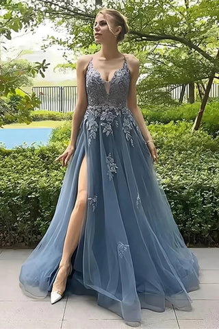 Open Back V Neck Blue Gray Lace Long Prom Dresses with High Slit, Blue Gray Lace Formal Dresses, Tulle Evening Dresses