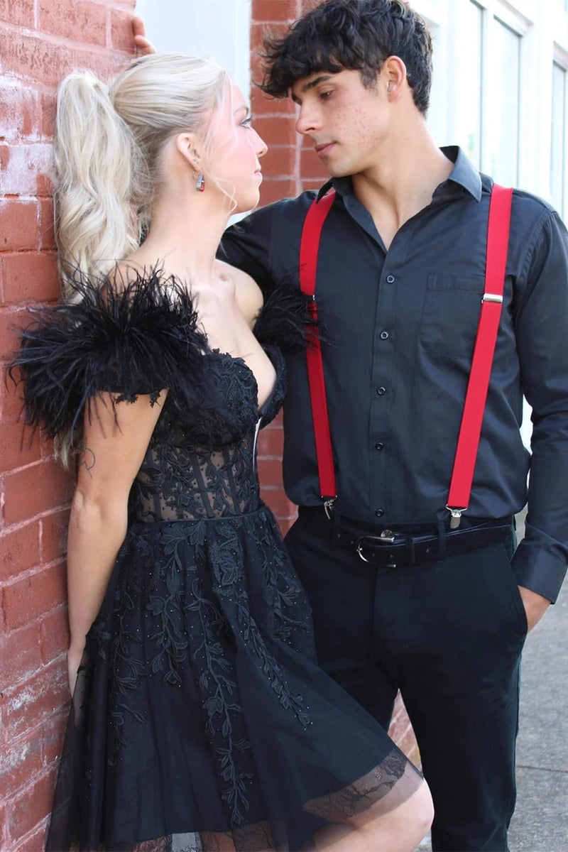 Round Neck Long Sleeves Black Lace Short Prom Homecoming Dresses, Black Lace Formal Graduation Evening Dresses EP1559 main image 1