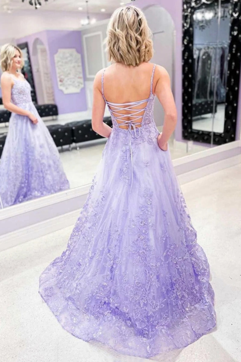 Purple Tulle Long Lace Prom Dresses, Purple Tulle Long Lace Formal Evening Dresses