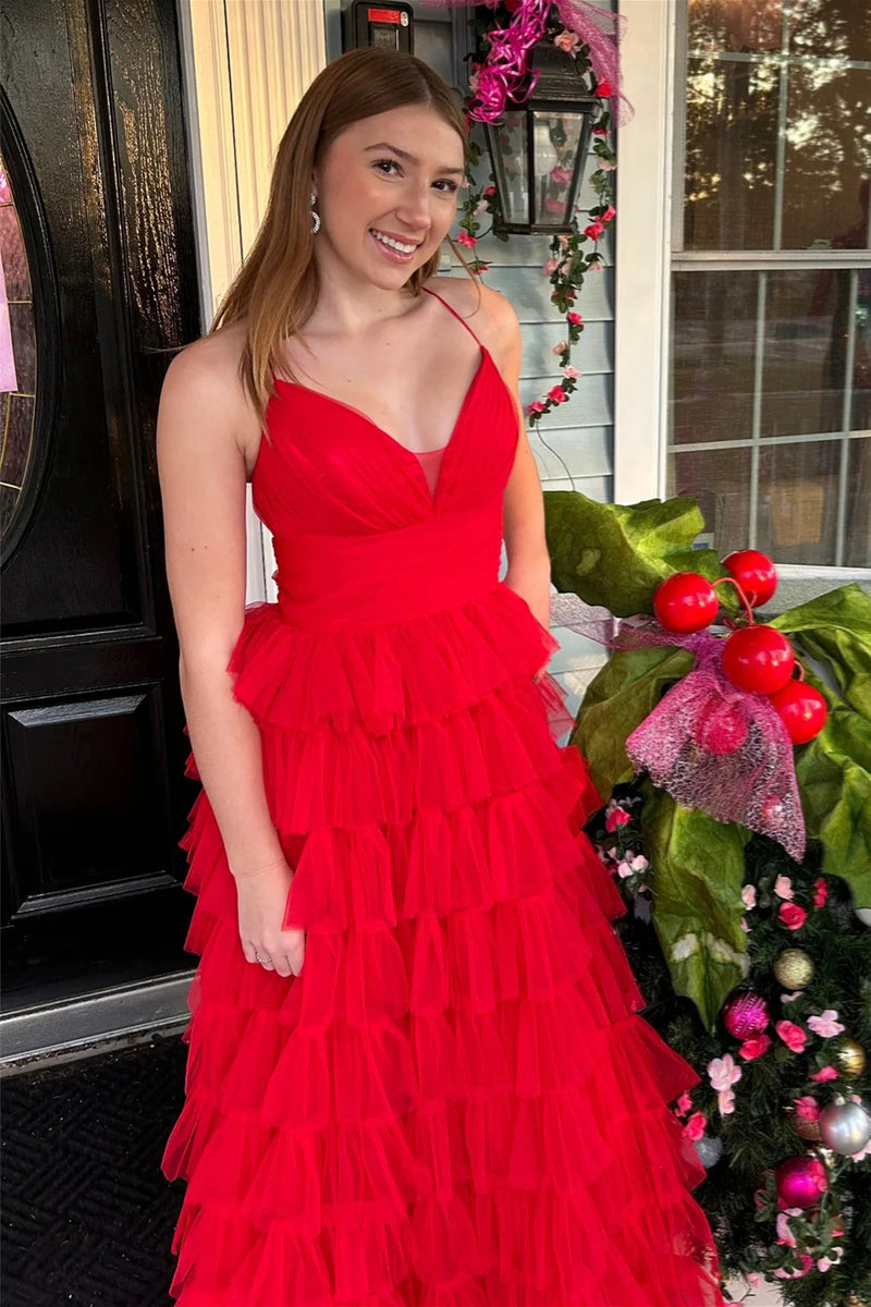 Red V Neck Layered Long Prom Dresses, Red Layered Long Formal Evening
