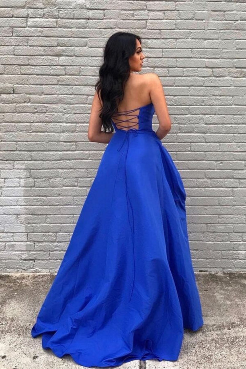 Royal Blue Long Satin Lace-up A-line Prom Dress, Royal Blue Wedding Party Dress main image 1