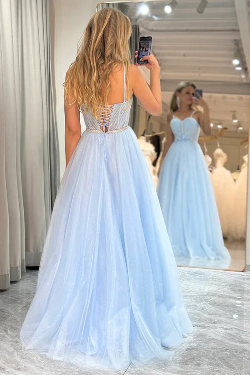 Shiny Tulle Open Back Sweetheart Neck Light Blue Long Prom Dresses wit