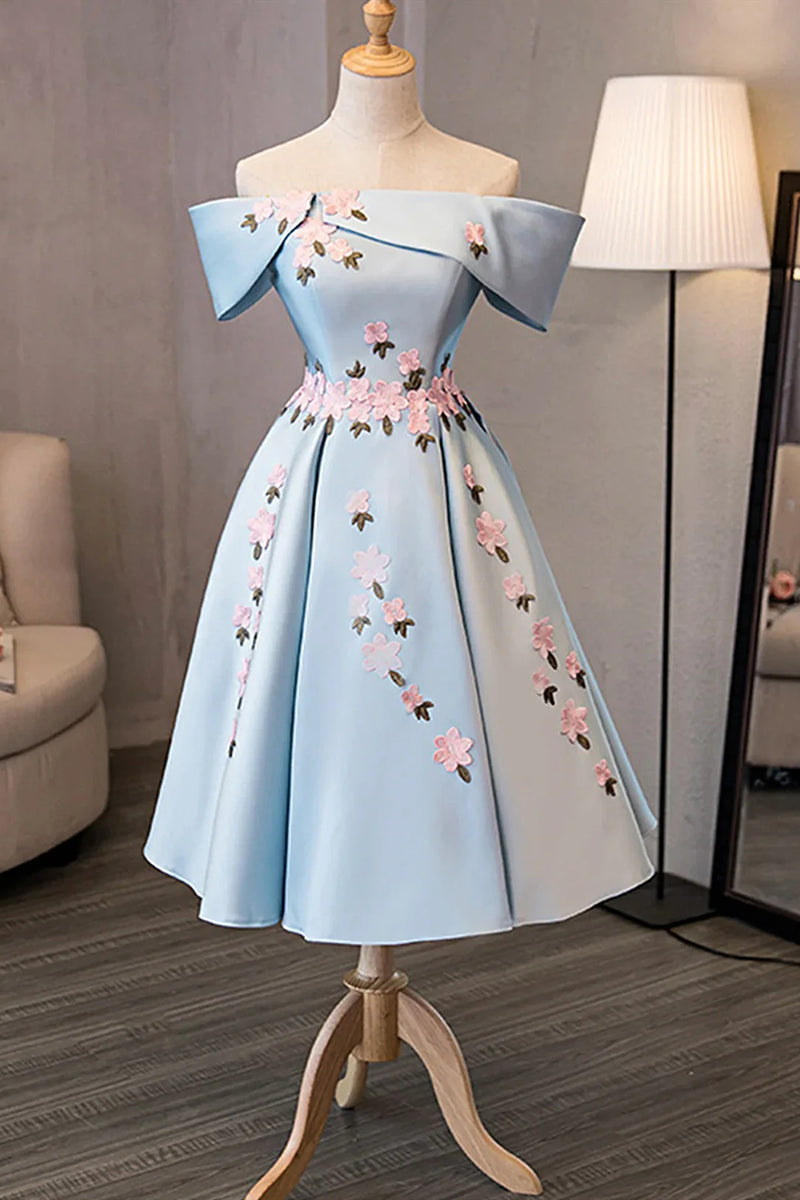 Short Light Blue Floral Prom Dresses, Short Floral Blue Formal Homecom