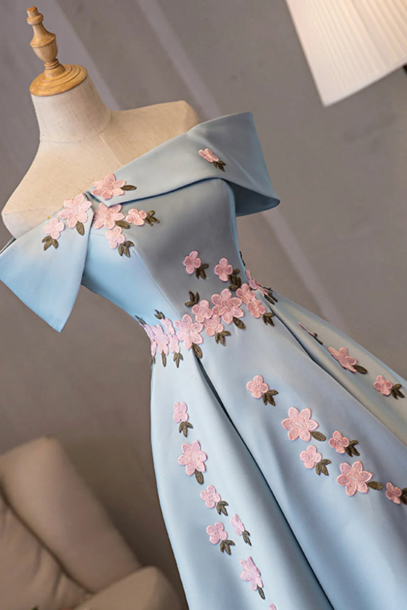 Short Light Blue Floral Prom Dresses, Short Floral Blue Formal Homecom
