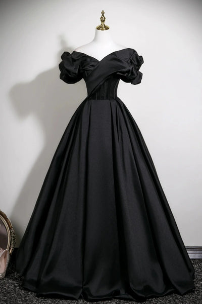 Short Sleeves Black Satin Long Prom Dresses, Black Satin Long Formal Evening Dresses