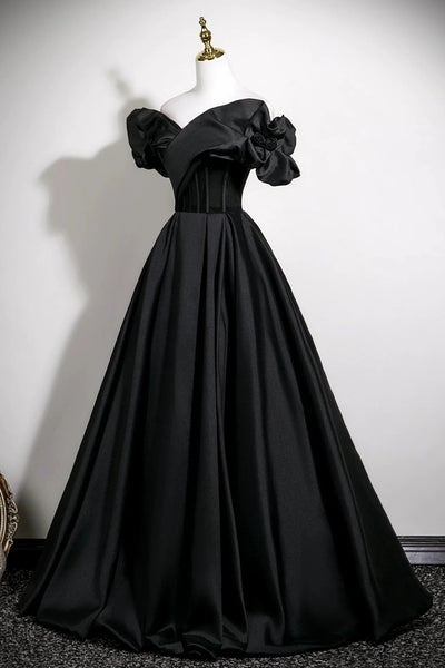 Short Sleeves Black Satin Long Prom Dresses, Black Satin Long Formal Evening Dresses