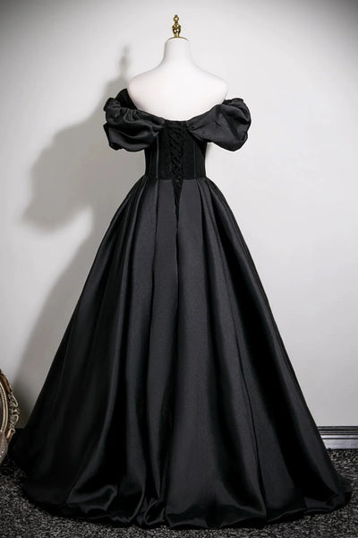 Short Sleeves Black Satin Long Prom Dresses, Black Satin Long Formal Evening Dresses