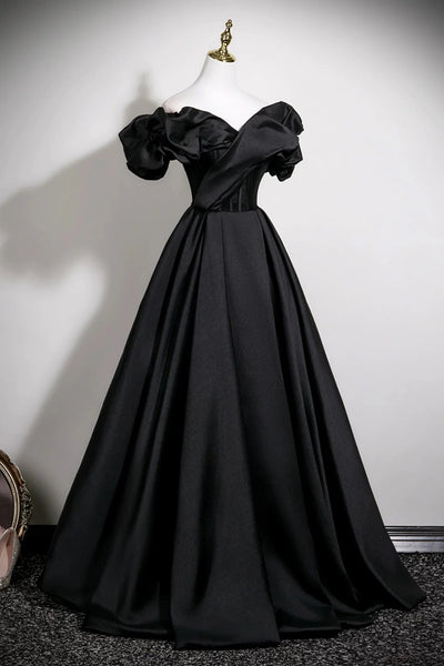 Short Sleeves Black Satin Long Prom Dresses, Black Satin Long Formal Evening Dresses