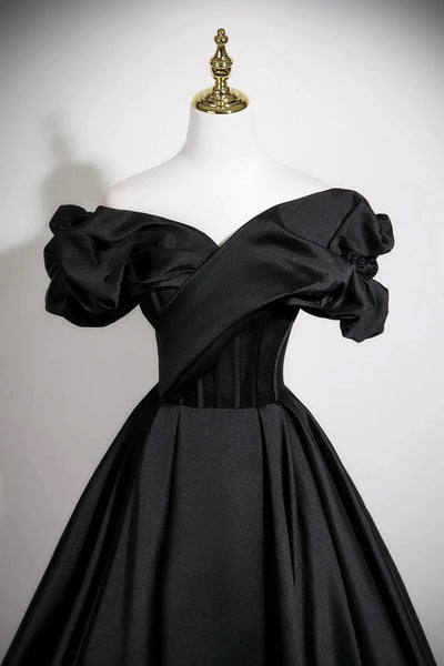 Short Sleeves Black Satin Long Prom Dresses, Black Satin Long Formal Evening Dresses