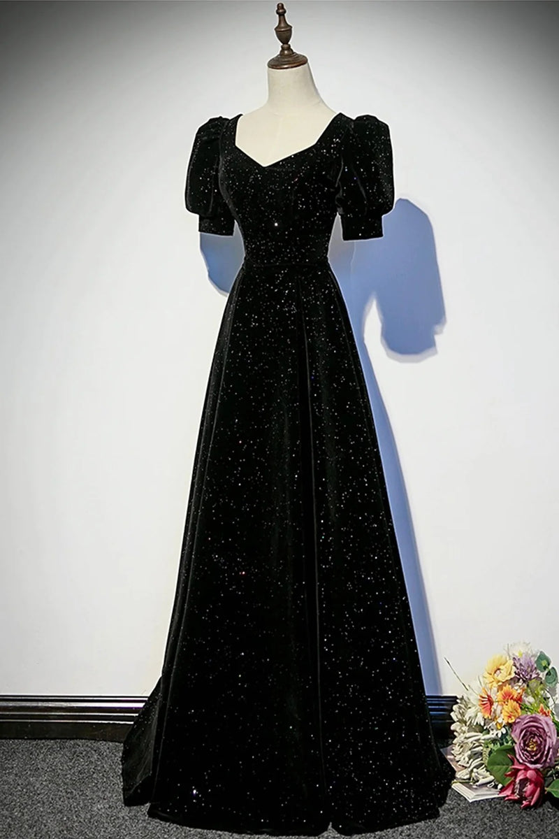 Short Sleeves Black Velvet Long Prom Dresses, Shiny Black Velvet Long