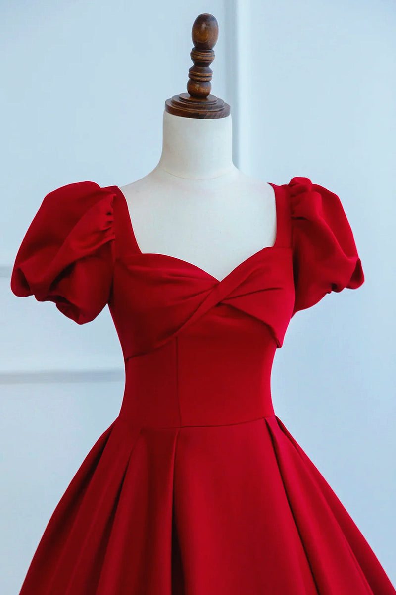 Short Sleeves Dark Red Long Prom Dresses, Dark Red Long Formal Evening