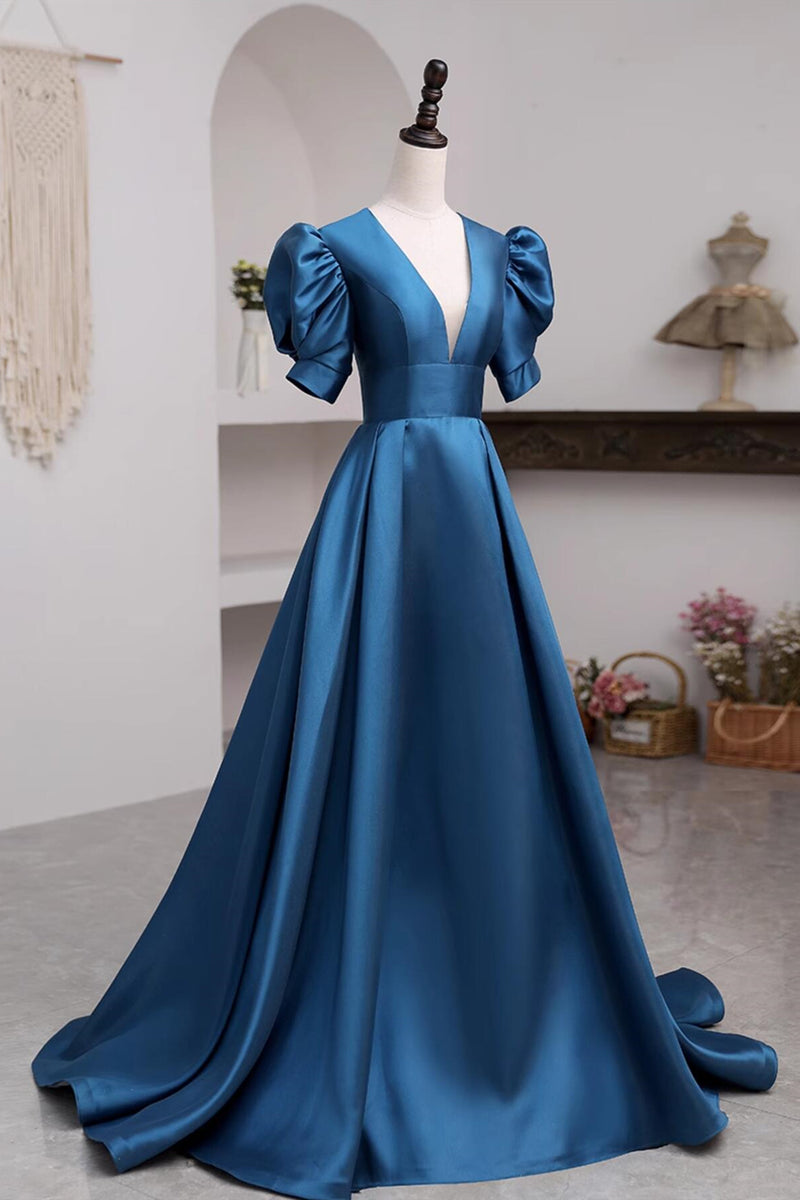Peacock Blue Long Satin Prom Dresses, Peacock Blue Long Satin Formal Evening Dresses