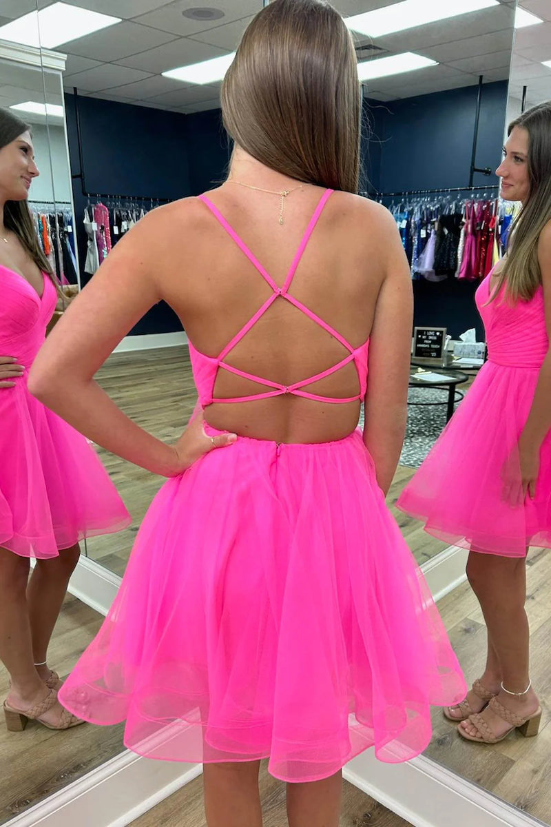 Short V Neck Hot Pink Prom Dresses, Short V Neck Hot Pink Formal Homec – Eip Collection