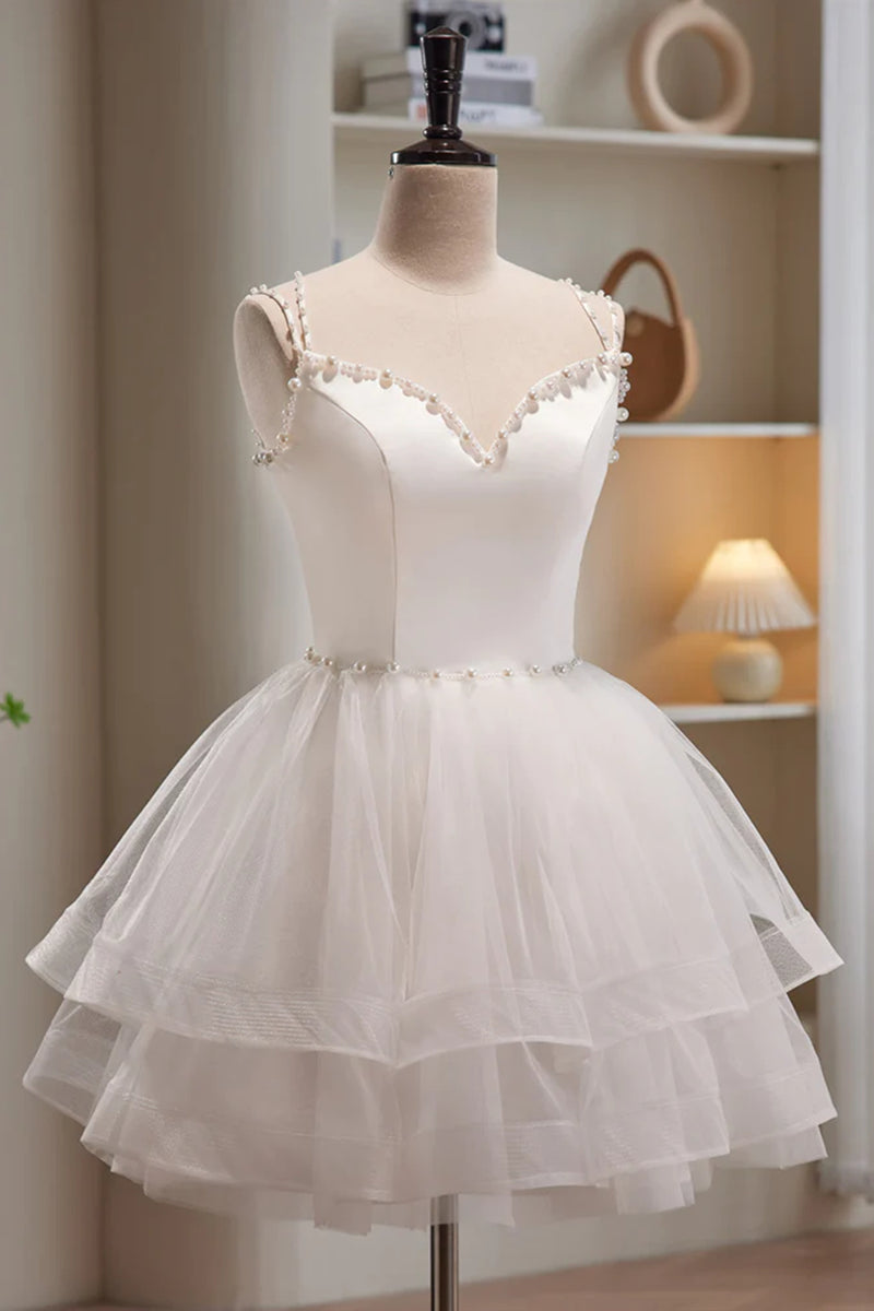 White V Neck Short Prom Dress, White Bridesmaid Dress     S2187 main image 1