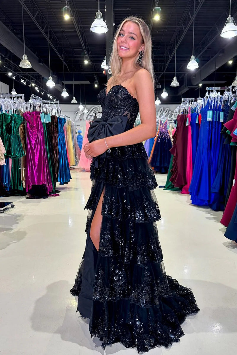 Strapless Black Lace Layered Long Prom Dresses, Black Lace Layered For