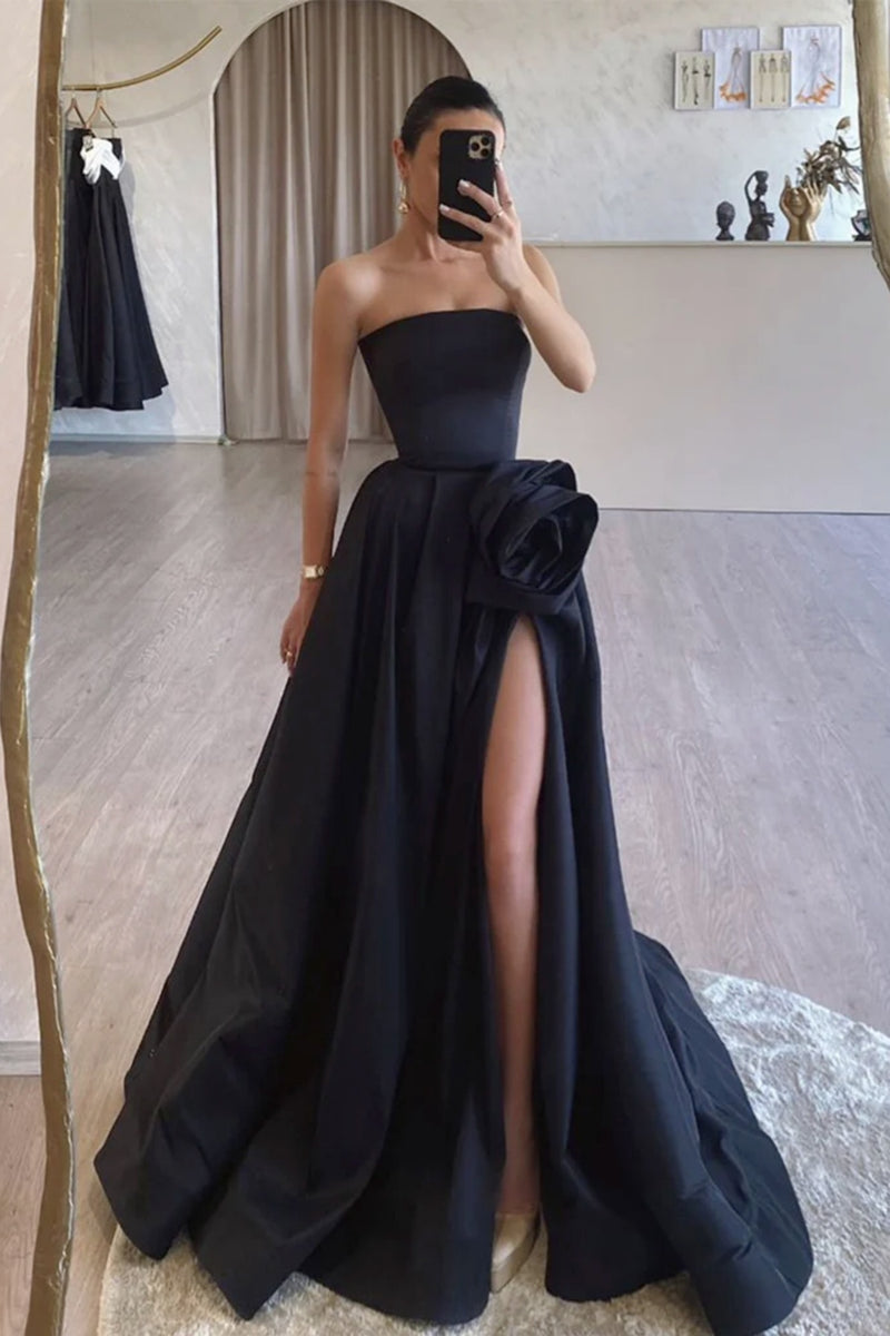 Strapless Black Satin Long Prom Dresses, Strapless Black Long Formal G