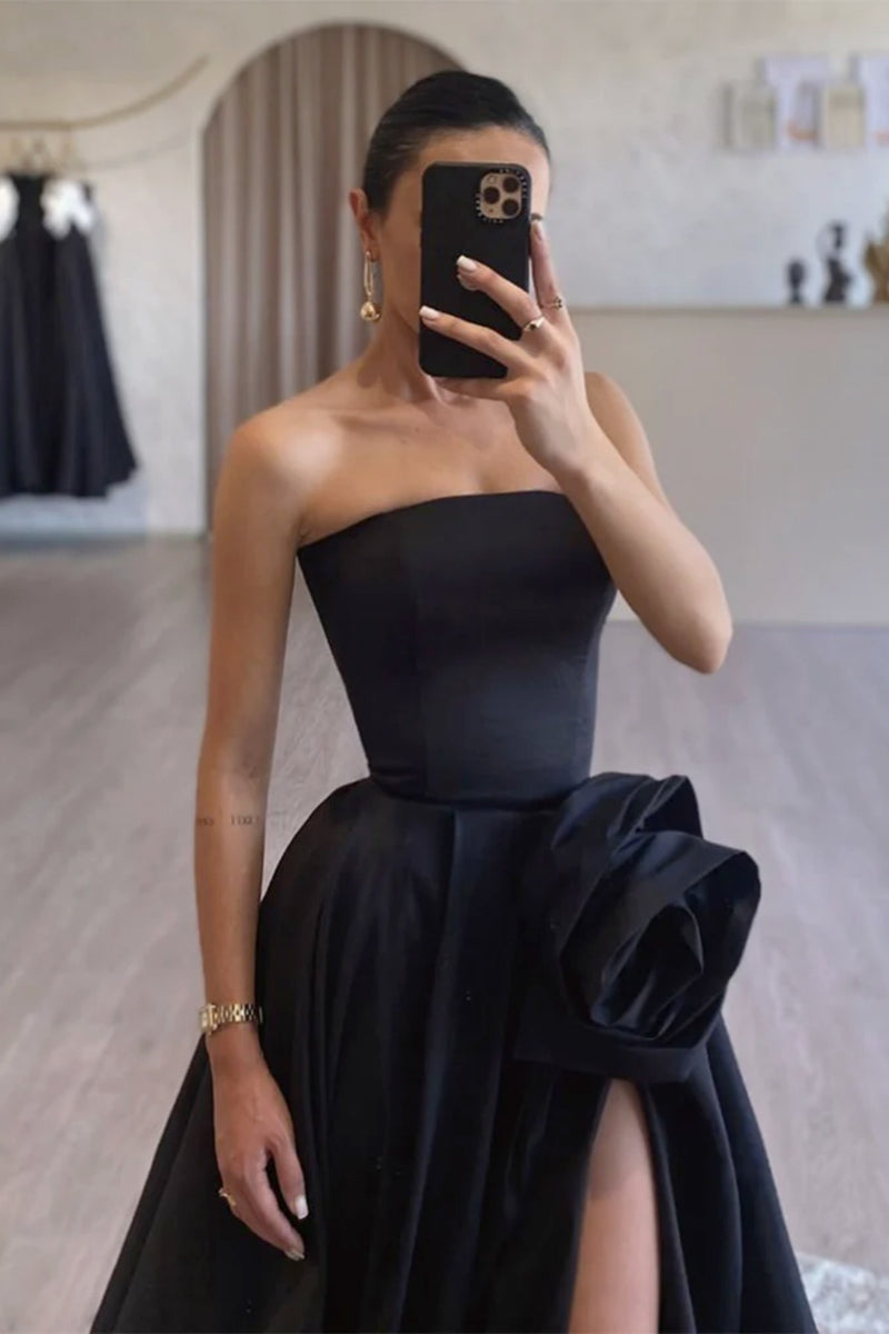 Strapless Black Satin Long Prom Dresses, Strapless Black Long Formal G