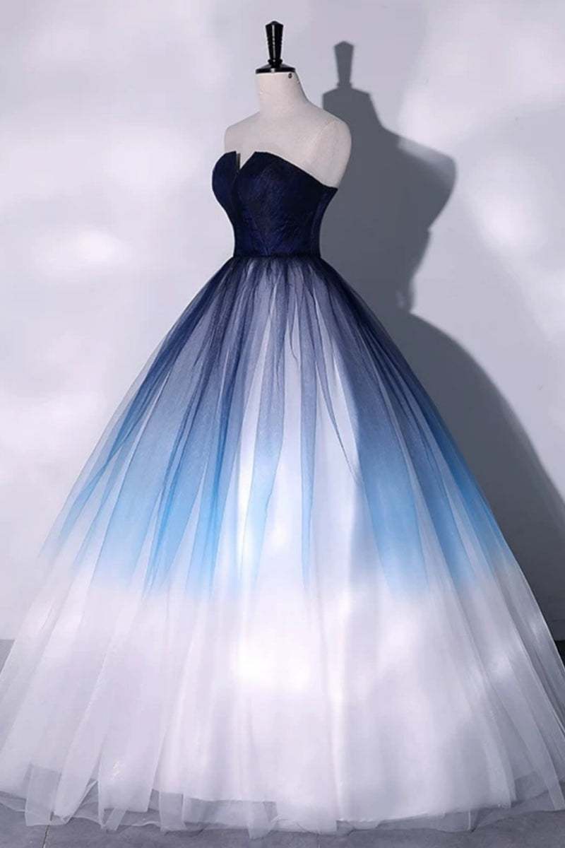 Strapless Blue Ombre Long Prom Dresses, Blue Ombre Long Tulle Formal D