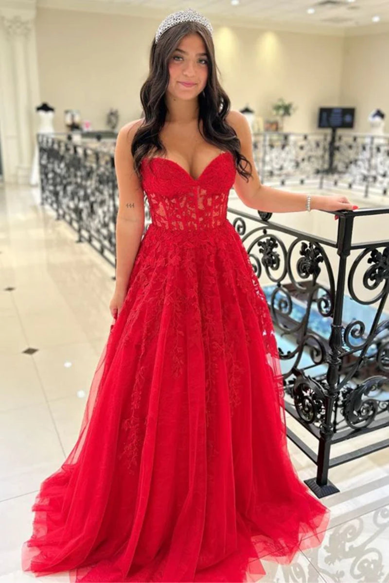 Strapless Floor Length Red Lace Long Prom Dresses, Red Lace Formal Dre Eip Collection Strapless Floor Length Red Lace Long Prom Dresses, Red Lace Formal Dre Eip Collection