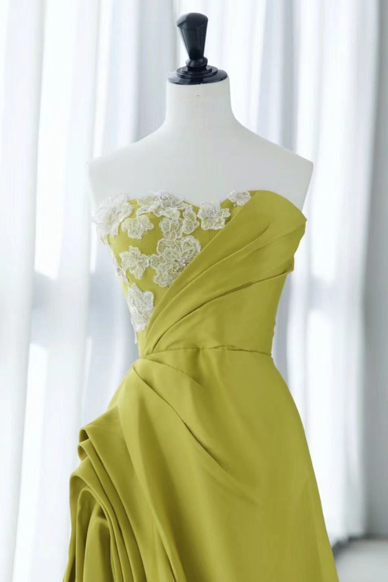 Strapless Green Satin Floral Prom Dresses, Green Long Floral Long Form