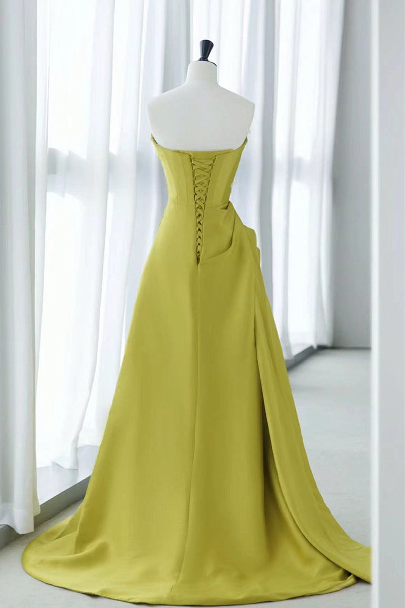 Strapless Green Satin Floral Prom Dresses, Green Long Floral Long Form