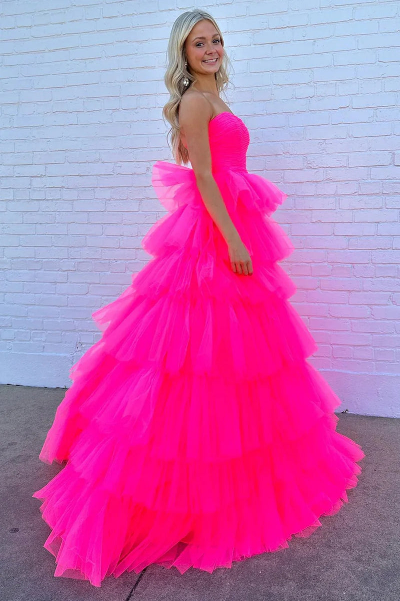 Strapless Hot Pink Tulle Long Prom Dresses, Hot Pink Long Formal Eveni