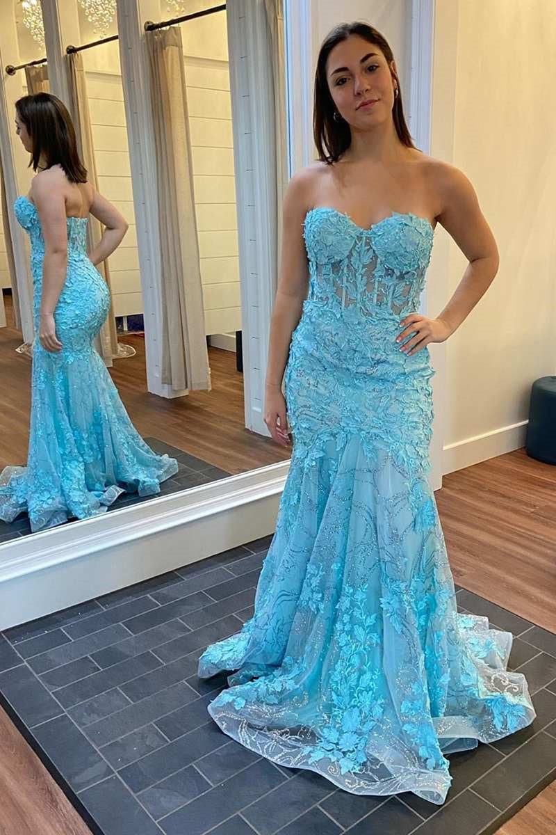 Sexy A line Strapless Blue Lace Long Prom Dress