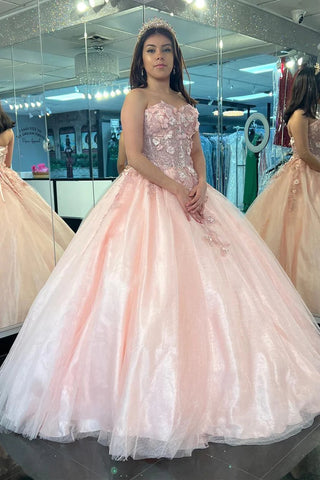 Strapless Pink Lace Floral Long Prom Dresses, Pink Lace Formal Evening Dresses, Pink Ball Gown with 3D Flowers