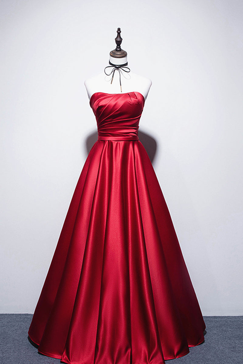 Strapless Red Satin Long Prom Dresses, Dark Red Long Formal Evening Dr