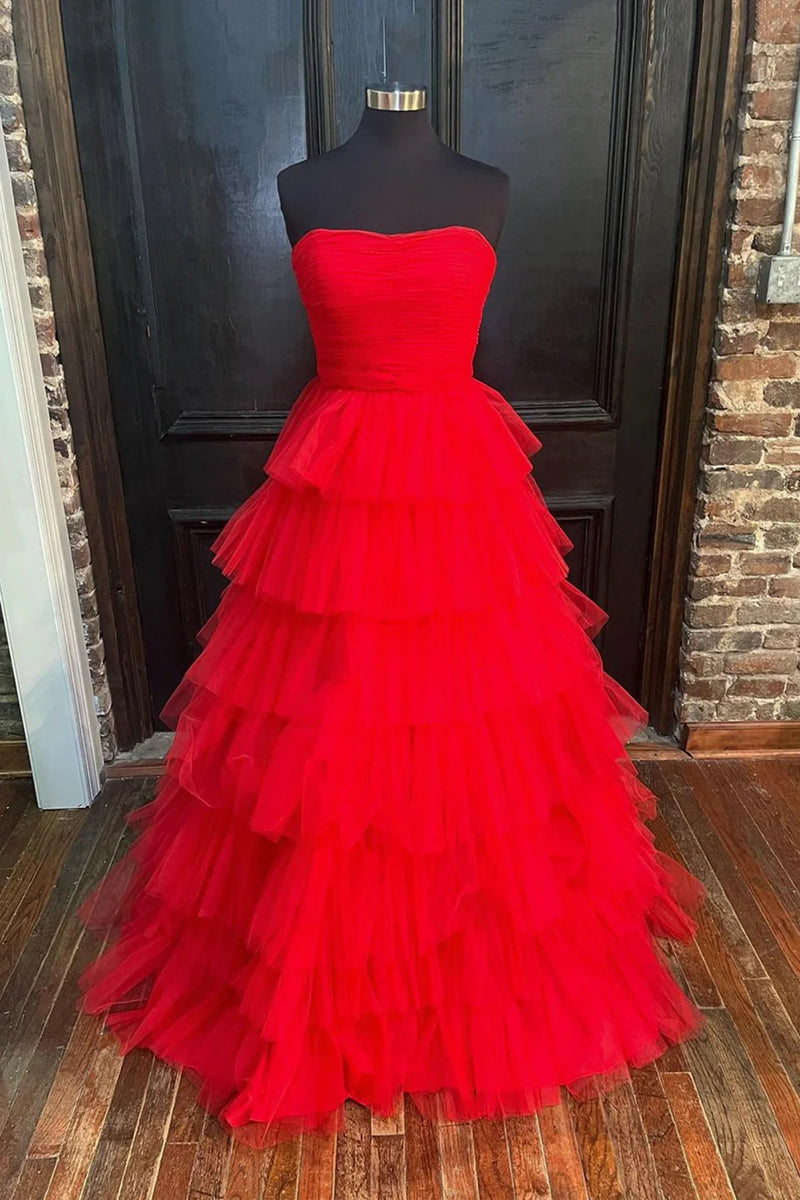 Strapless Red Tulle Long Prom Dresses, Strapless Red Tulle Long Formal