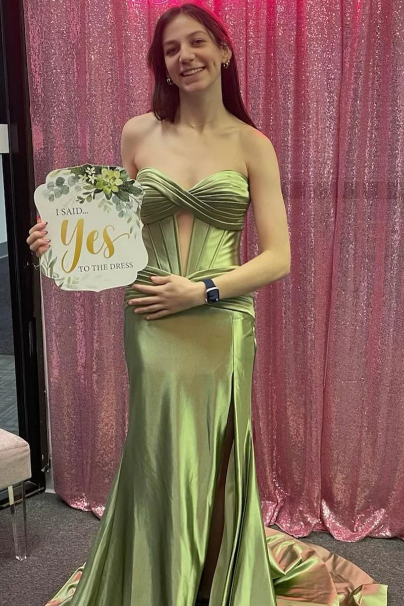 Elegant Strapless Green Satin Beaded Mermaid Evening Dress Long Prom Gown SP981