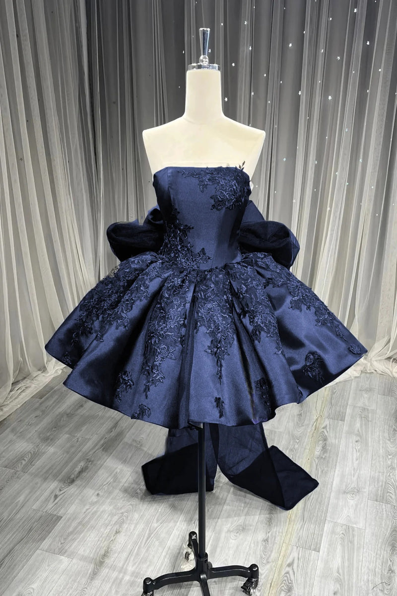 Strapless Short Navy Blue Lace Prom Dresses, Short Navy Blue Lace Form   Eip Collection