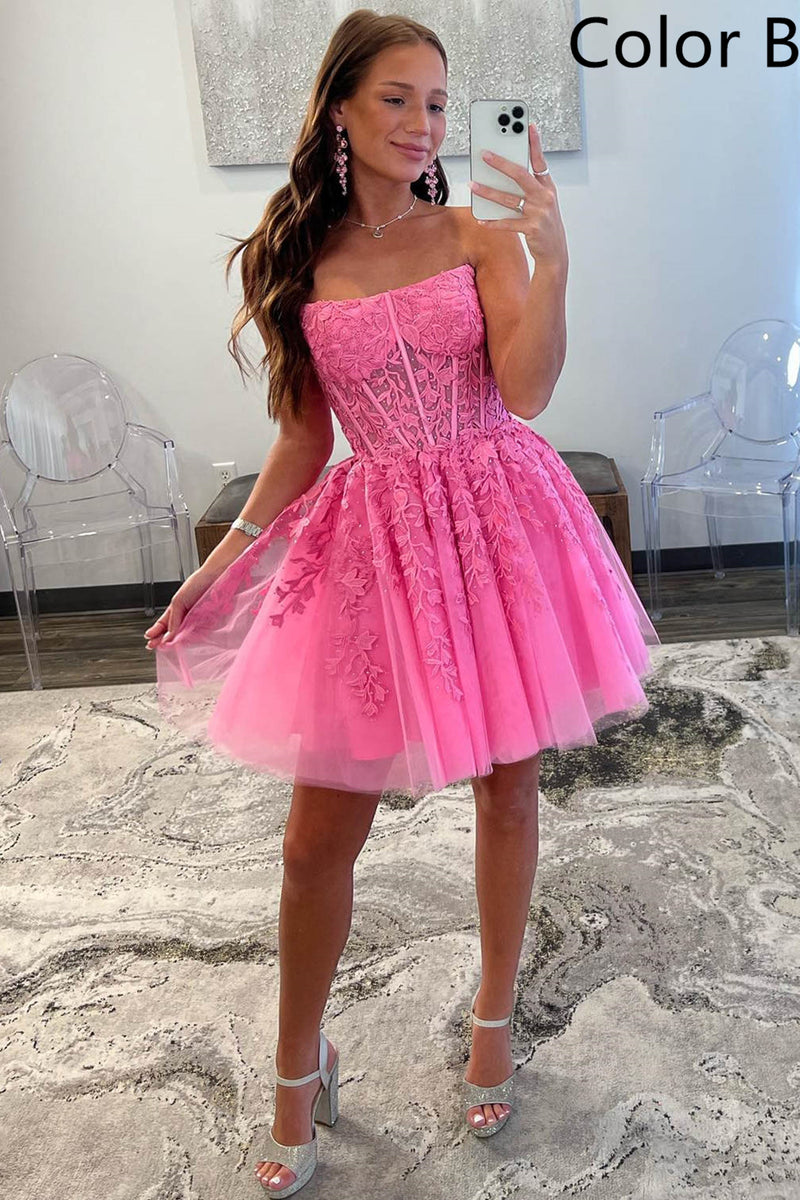 Strapless Short Pink Lace Prom Dresses, Short Pink Lace Formal Homecom