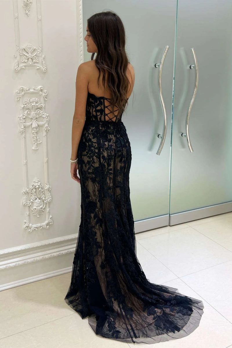 Sweetheart Neck Black Lace Mermaid Long Prom Dresses, Black Mermaid La