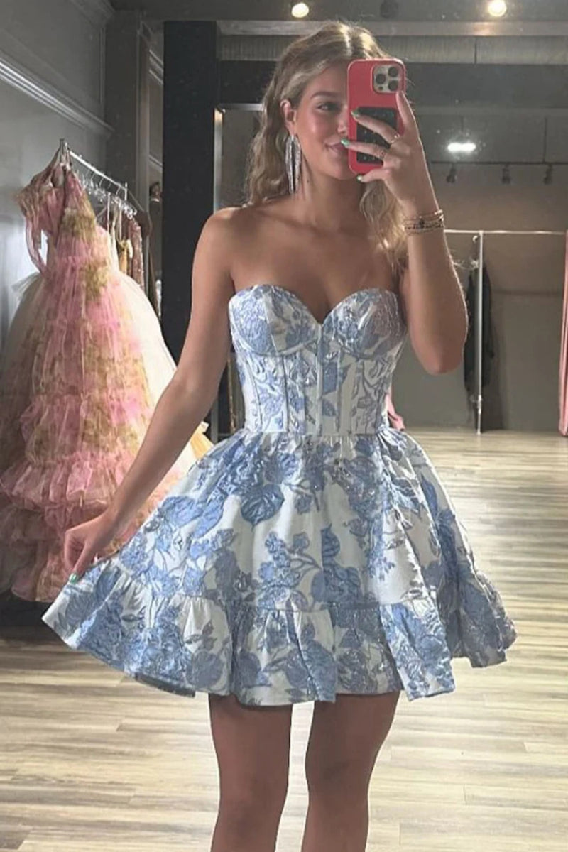 Sweetheart Neck Short Blue Floral Prom Dresses, Short Blue Floral Grad