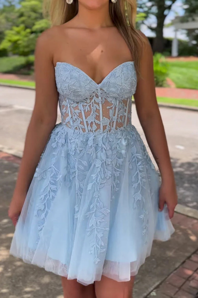 Sweetheart Neck Short Blue Lace Prom Dresses, Short Blue Lace Formal H