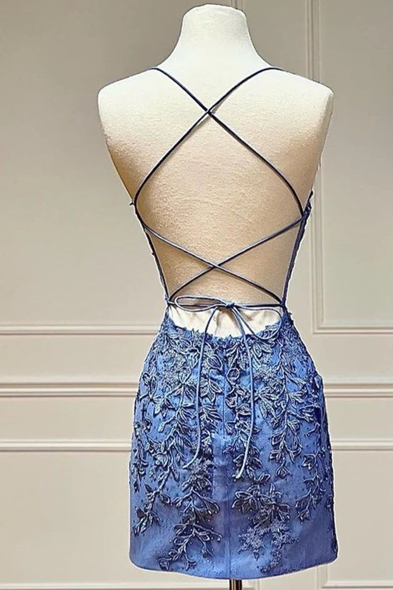 A Line V Neck Short Blue Lace Prom Dresses, Short Blue Lace Formal Homecoming Dresses main image 1