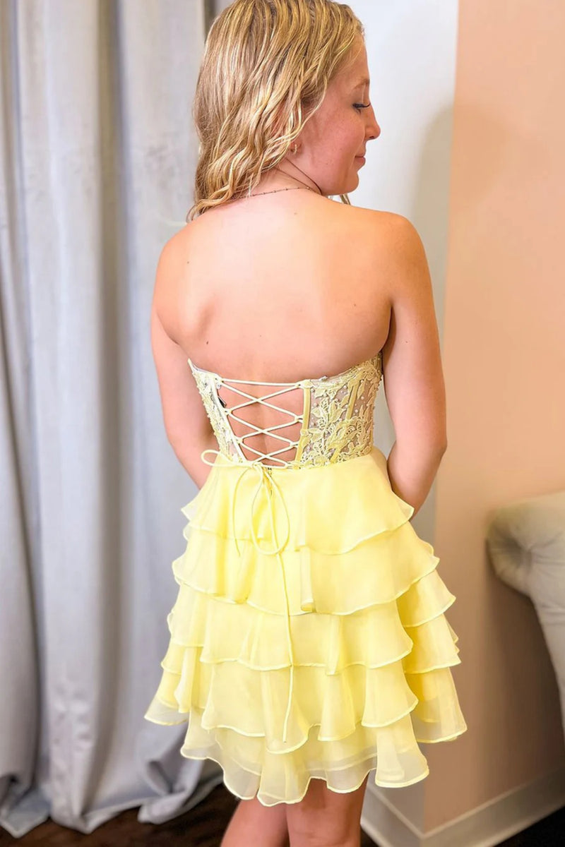 Strapless Short Yellow Lace Prom Dresses, Short Yellow Lace Formal Graduation Dresses