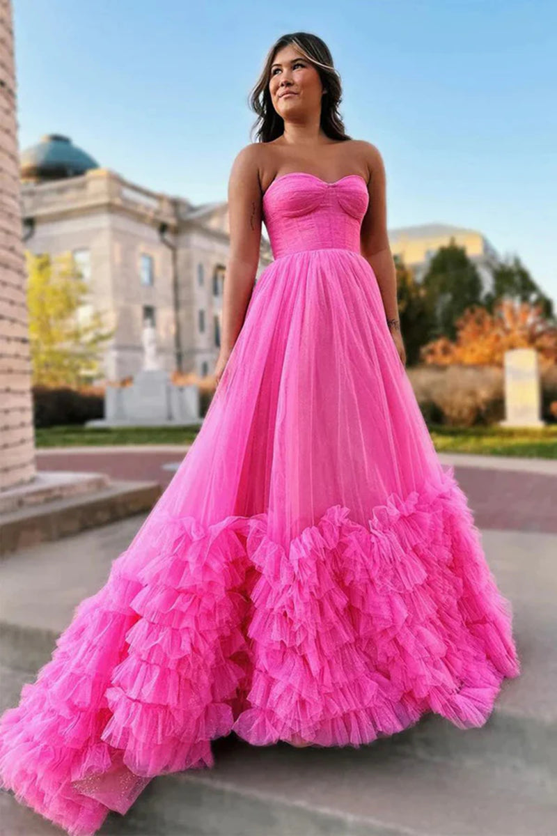 Sweetheart Neck Strapless Pink Tulle Long Prom Dresses, Long Pink Form