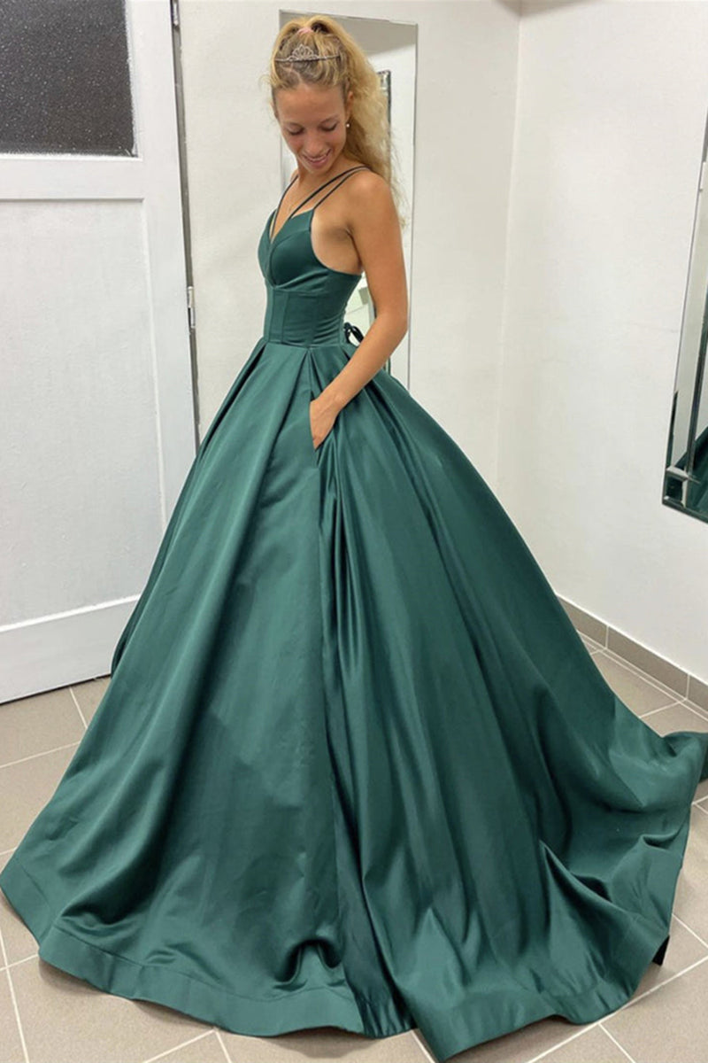 V Neck Dark Green Long Satin Prom Dresses, Dark Green Long Formal Even