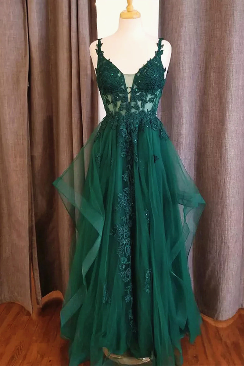 Green V Neck Long Sleeve Evening Dress main image 0