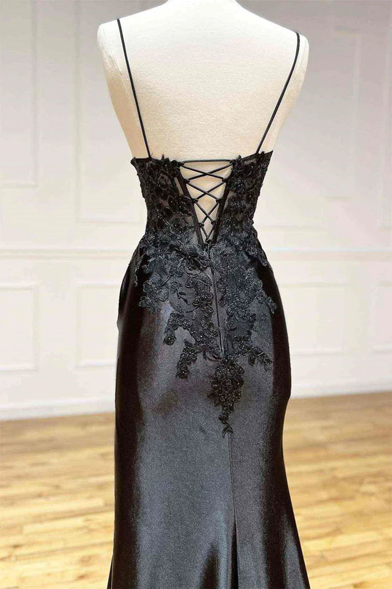 Mermaid V-Neck Long Black Prom Dress with Lace Appliques