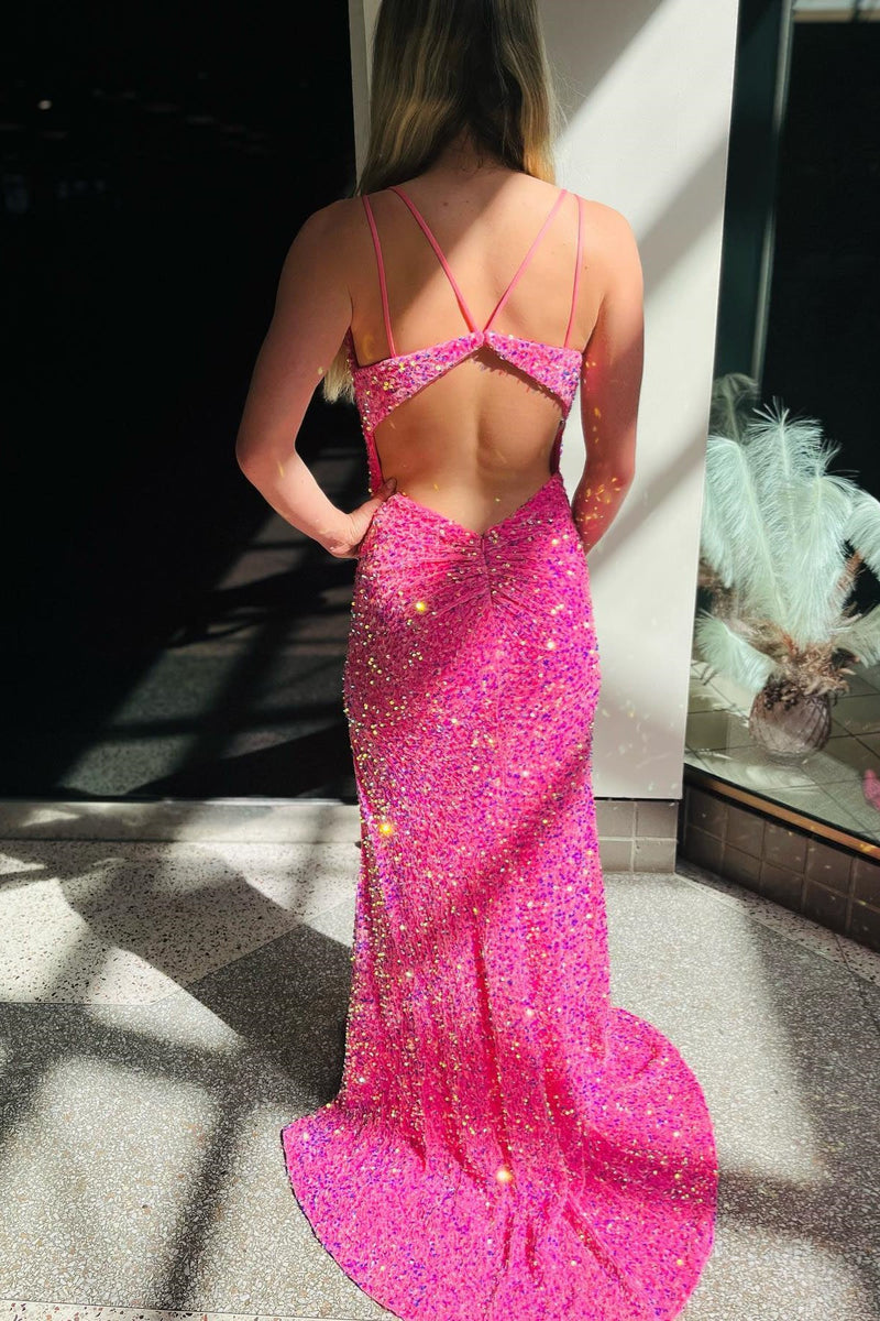 Hot Pink V Neck Backless Sequin Long Prom Dress with Slit, DP2063