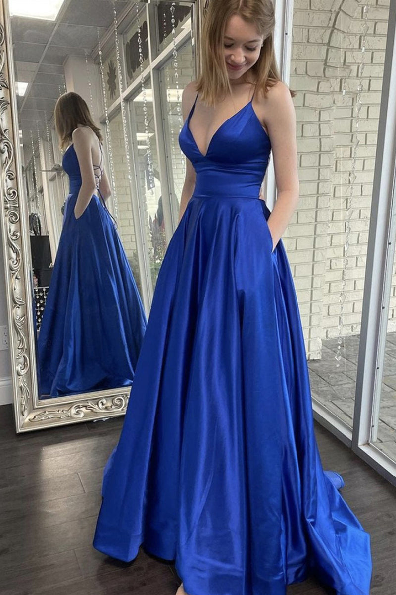 V Neck Royal Blue Long Prom Dresses, Backless Royal Blue Long Formal E