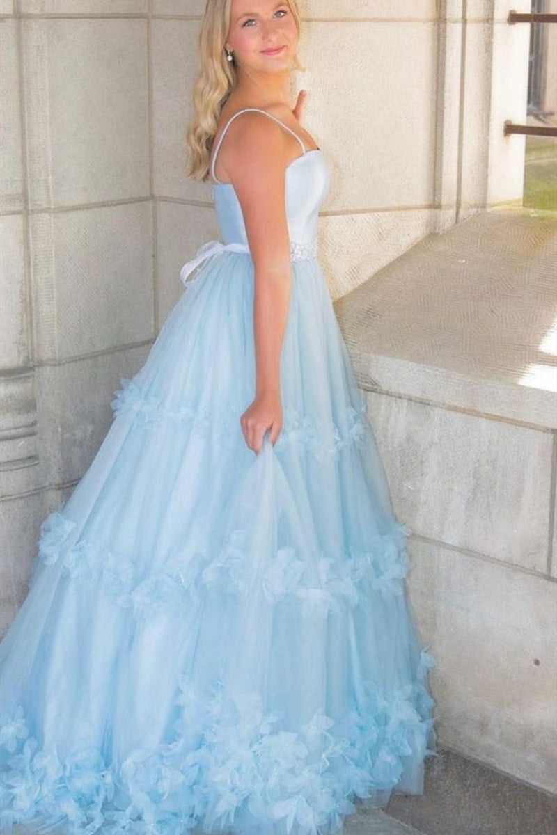 A Line Light Blue Floral Long Prom Dresses with Belt, Light Blue Flora