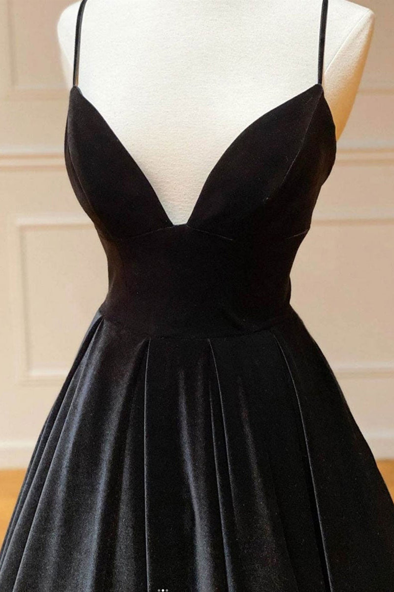 A Line V Neck Backless Black Velvet Long Prom Dresses, V Neck Black Fo