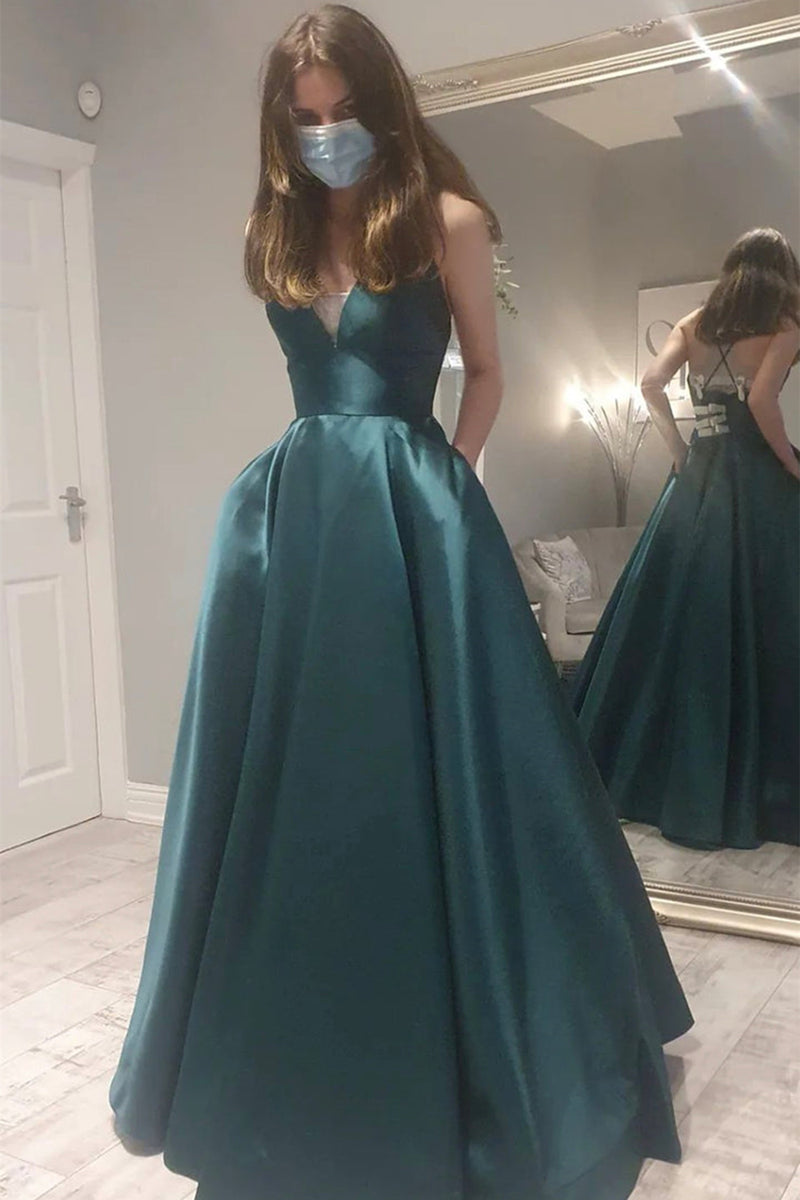 A Line V Neck Backless Emerald Green Long Prom Dresses, Backless Green Eip Collection A Line V Neck Backless Emerald Green Long Prom Dresses, Backless Green Eip Collection