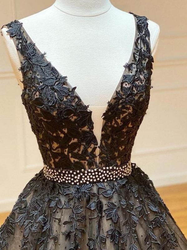 A Line V Neck Black Lace Prom Dresses, Black Lace Formal Evening Dress