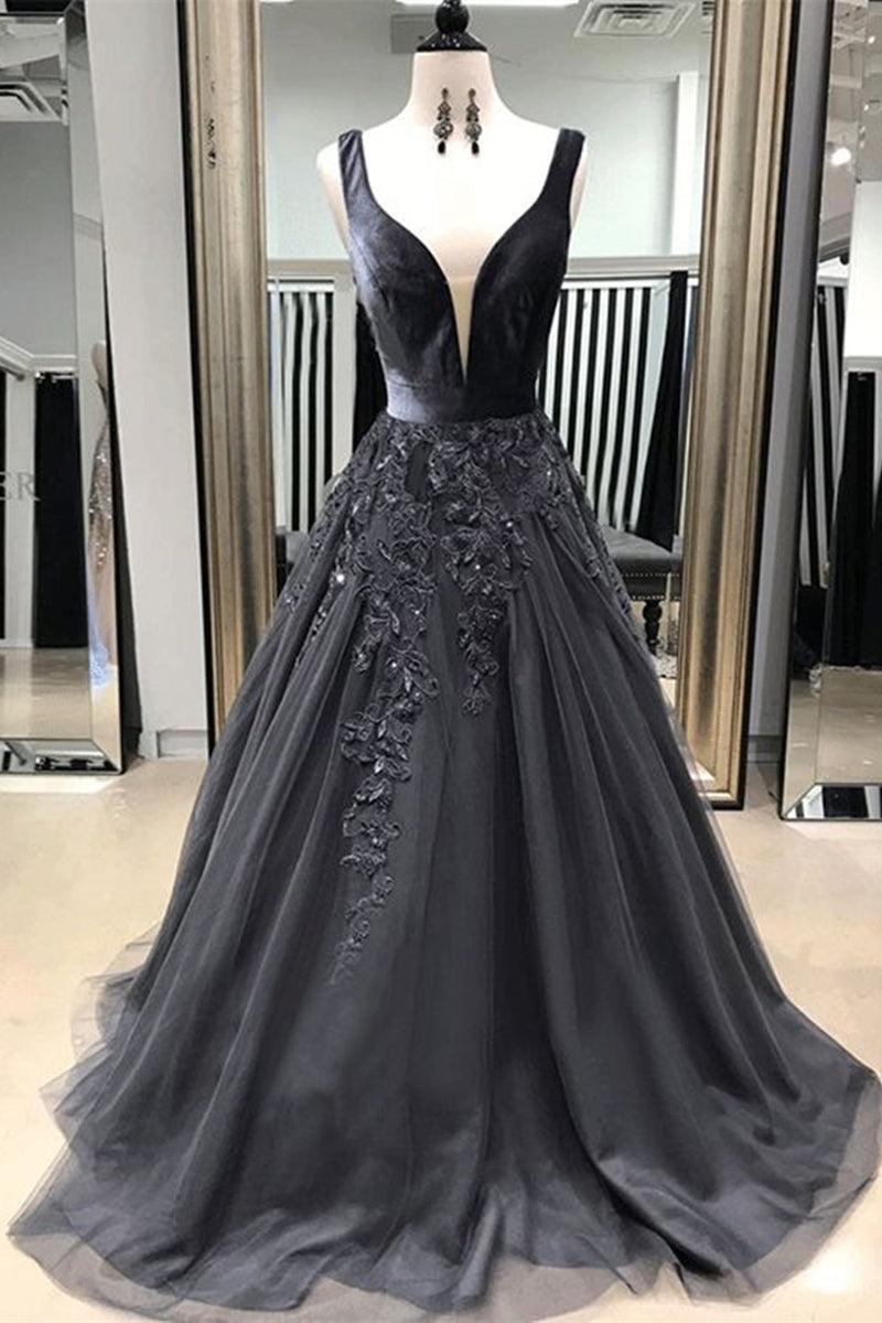 A Line V Neck Black Long Prom Dresses with Lace Appliques, V Neck Blac