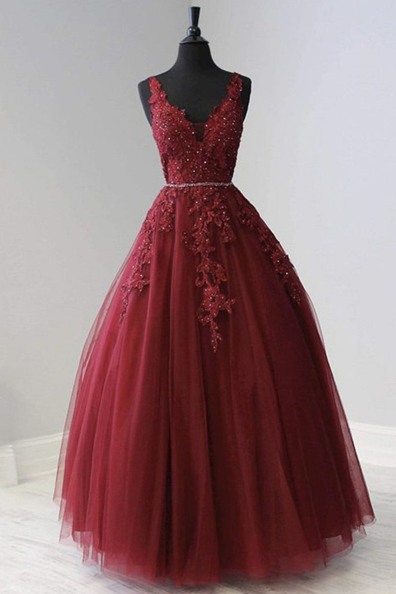 A Line V Neck Burgundy Lace Prom Dresses, Burgundy Lace Formal Dresses, Burgundy Evening Dresses main image 0